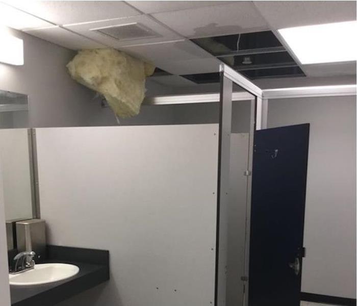 Bathroom with water on ceiling tiles and insulation falling out
